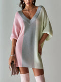 Colorblock Oversized Sweater Dress With Ribbed V-Neck Detail