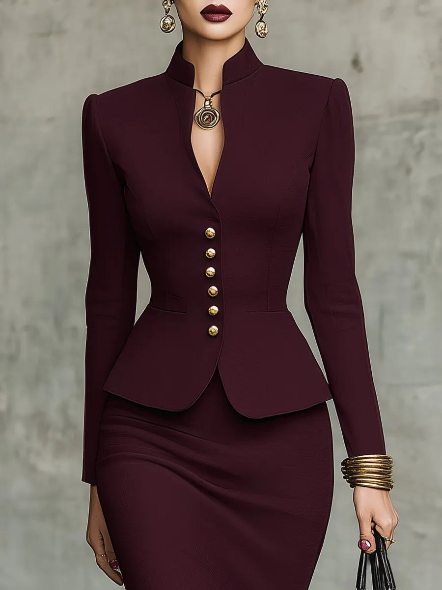 Burgundy Ruffled Hem Top and Skirt Set with Gold-Tone Buttons