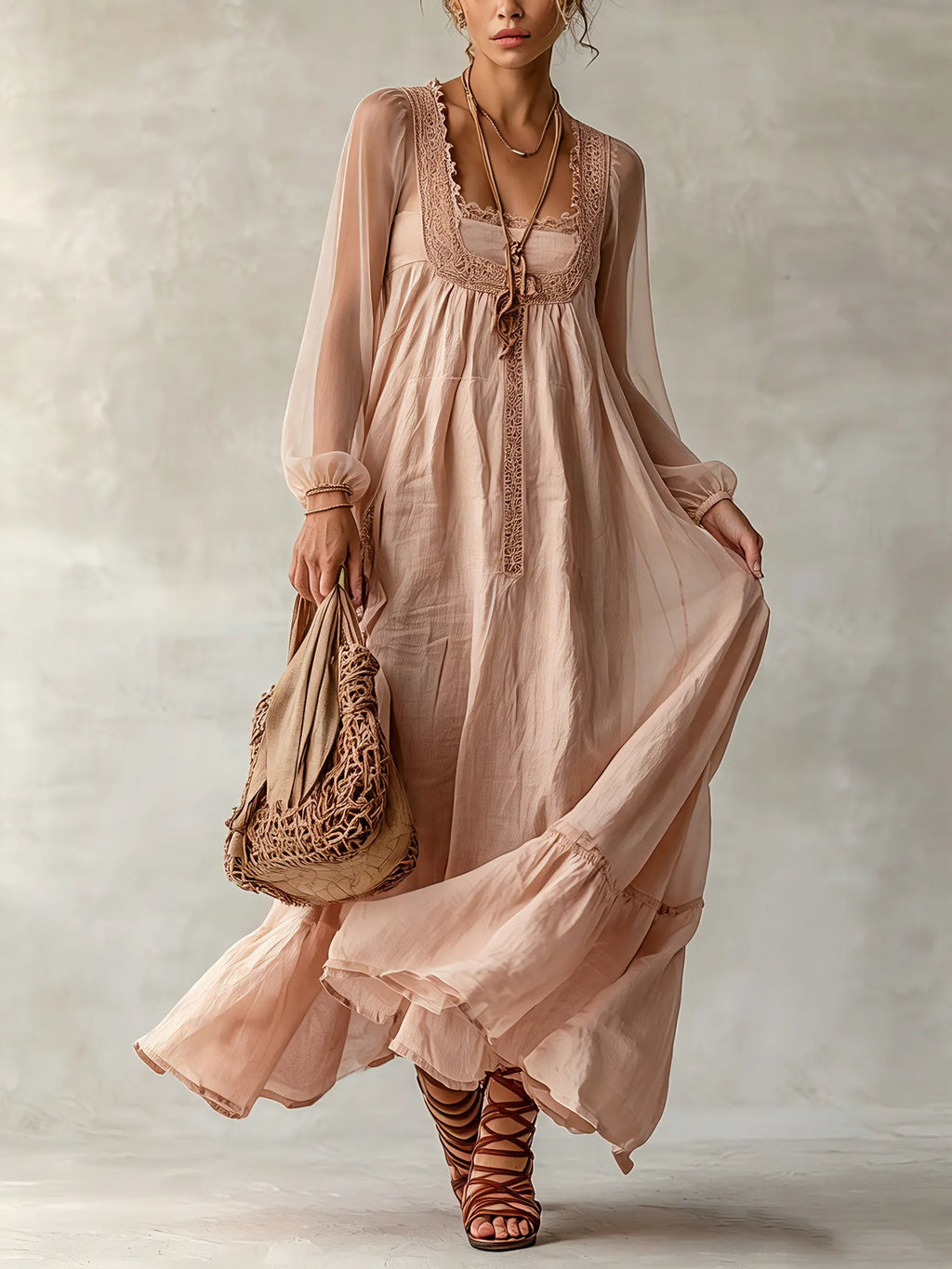 Pink Linen Long Sleeve Maxi Dress
