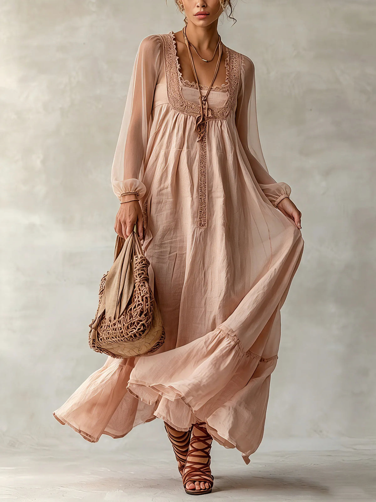 Pink Linen Long Sleeve Maxi Dress