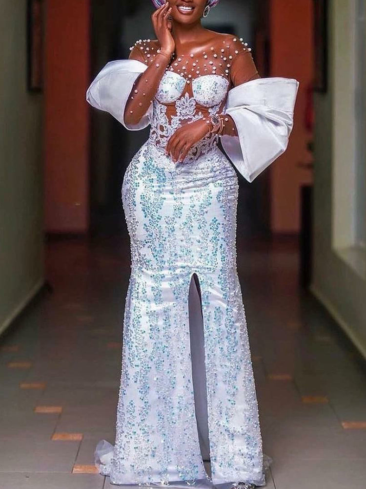 Elegant V-Neck See-Through Long Sleeve Sequined Wedding Maxi Dress