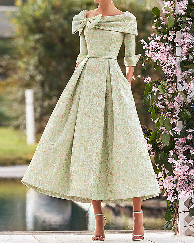Women's Teal Jacquard Bow Brocade Midi Dress