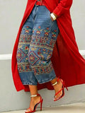 Women's Retro Ethnic Birds Pattern Art Print Casual Jeans