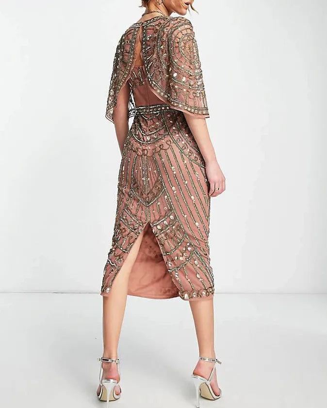 Beaded Sequined Cape Sleeve Slit Midi Dress