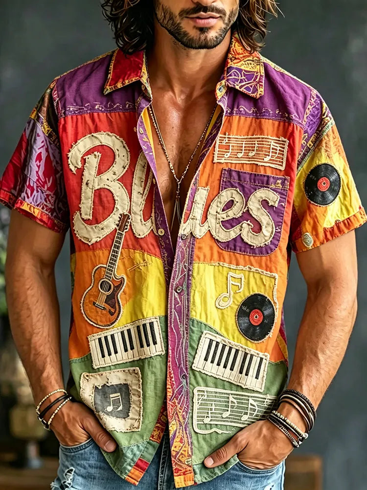 Men's Colorful Blues Music Patchwork Fabric Print Short Sleeve Shirt