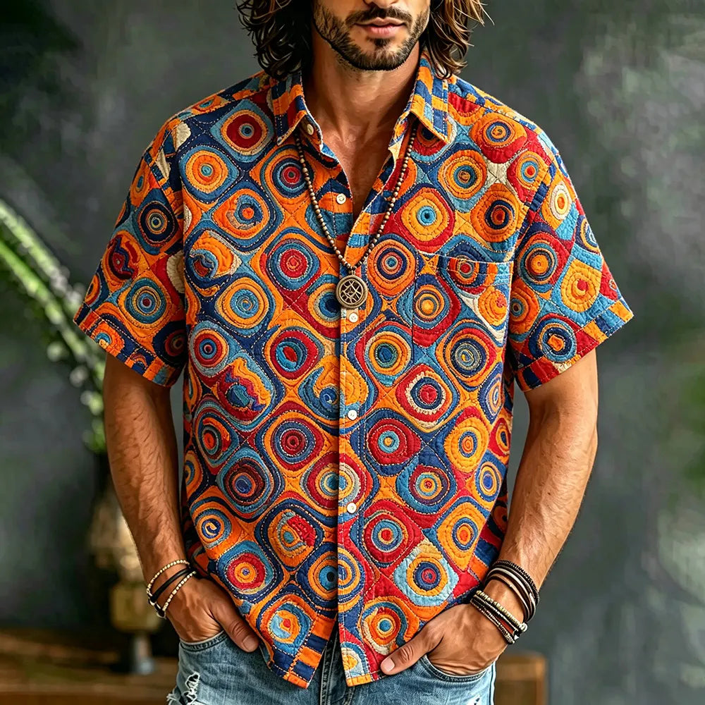 Men's Boho Swirl Tie Dye Print Button Shirt - Colorful Retro Casual Camp Top