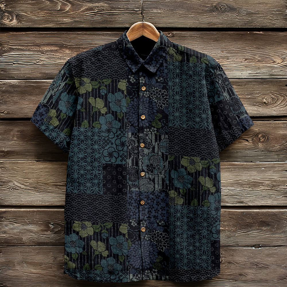 Vintage Patchwork Squares Japanese Patterns Linen Shirt