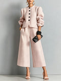 Round Neck Puff Sleeve Cropped Jacket & High Waist Wide Leg Cropped Pants Pink Tweed Two‑Piece Set Outfit