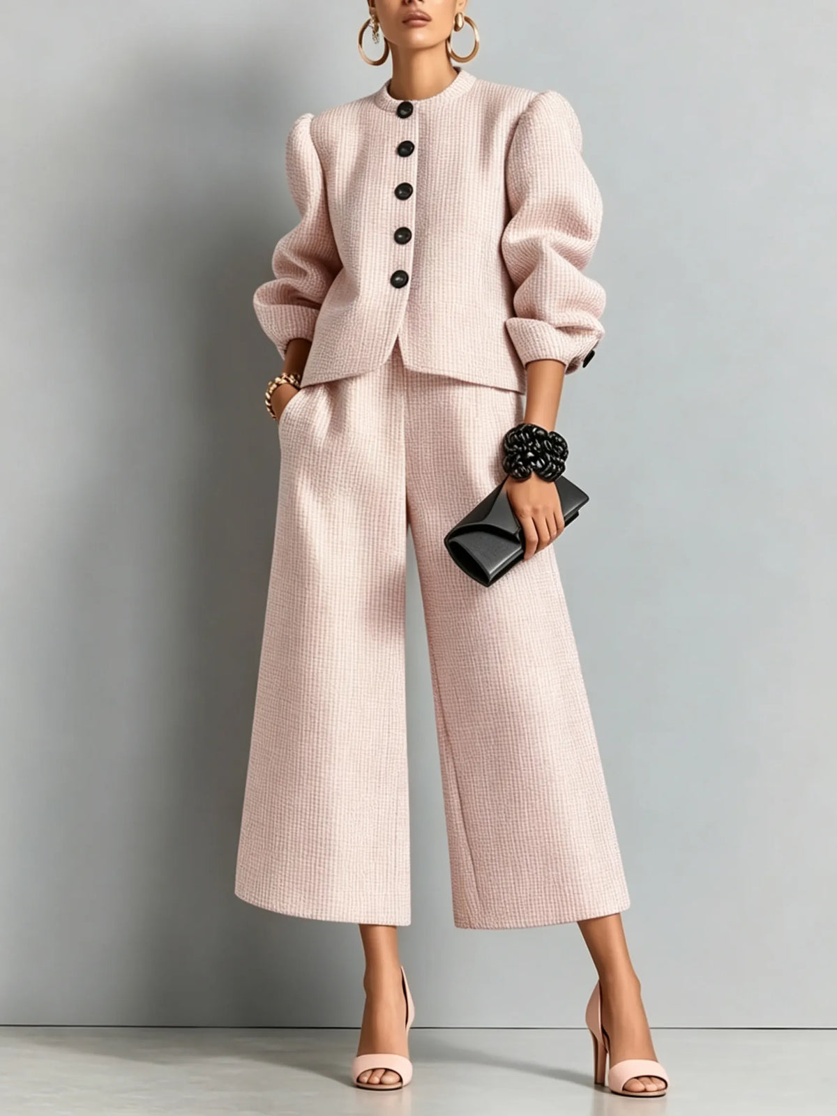 Round Neck Puff Sleeve Cropped Jacket & High Waist Wide Leg Cropped Pants Pink Tweed Two‑Piece Set Outfit