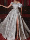 Wedding Short Sleeves Shiny Feathers Split-Side Princess Maxi Dresses