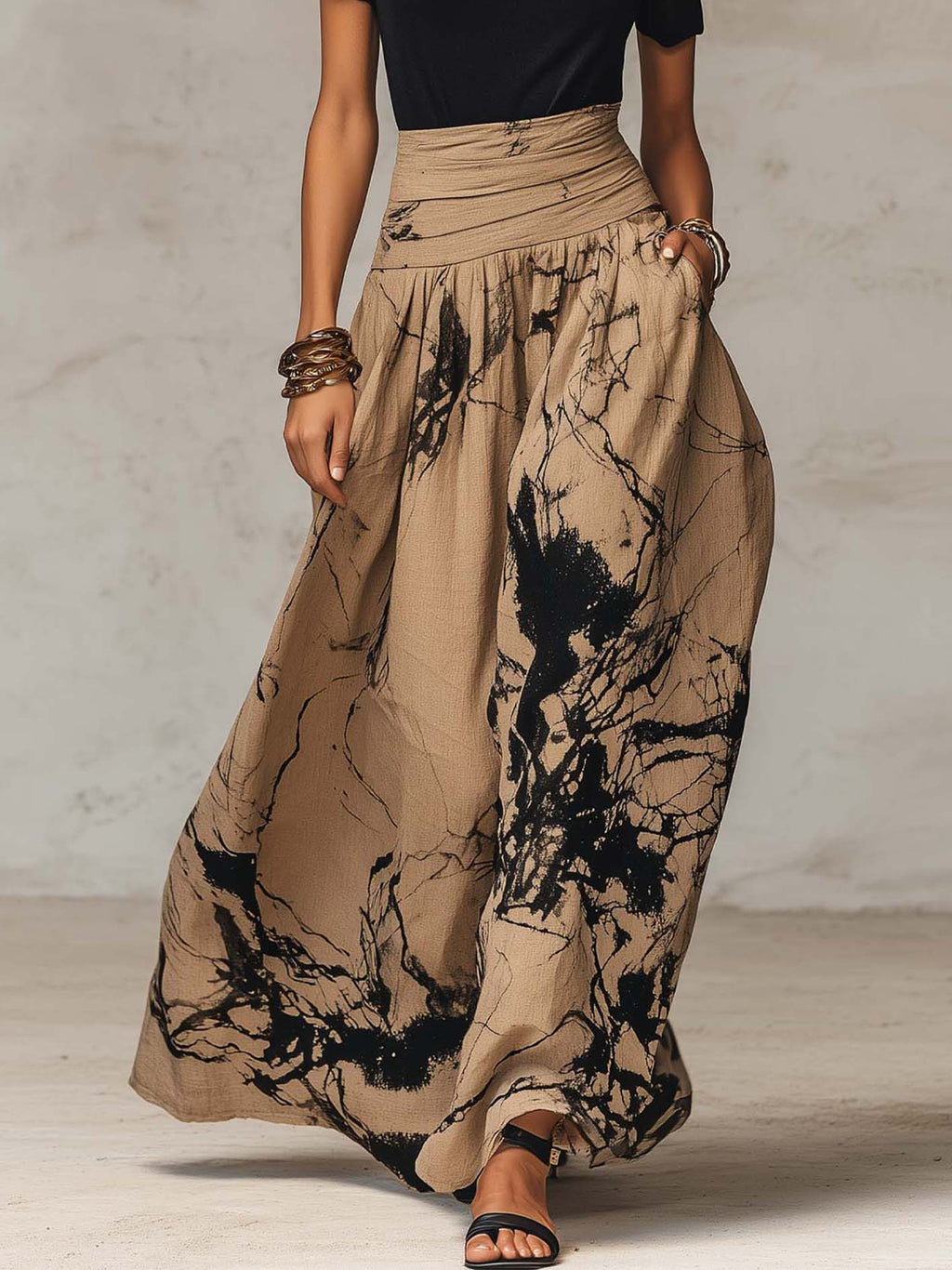 Black Mock Neck Top And Abstract Print Maxi Skirt Set With Sheer Lace Sleeves