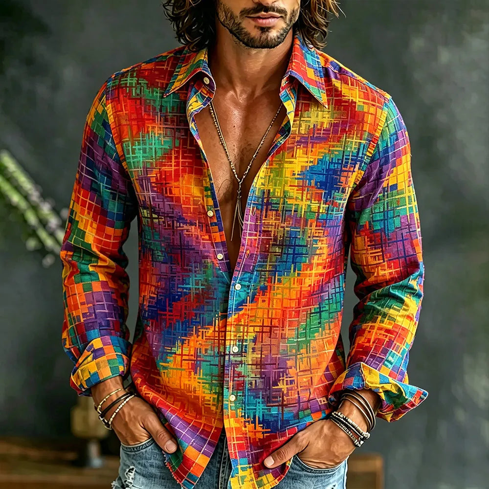 Men's Colorful Artistic Geometric Patchwork Print Casual Long Sleeve Linen Shirt