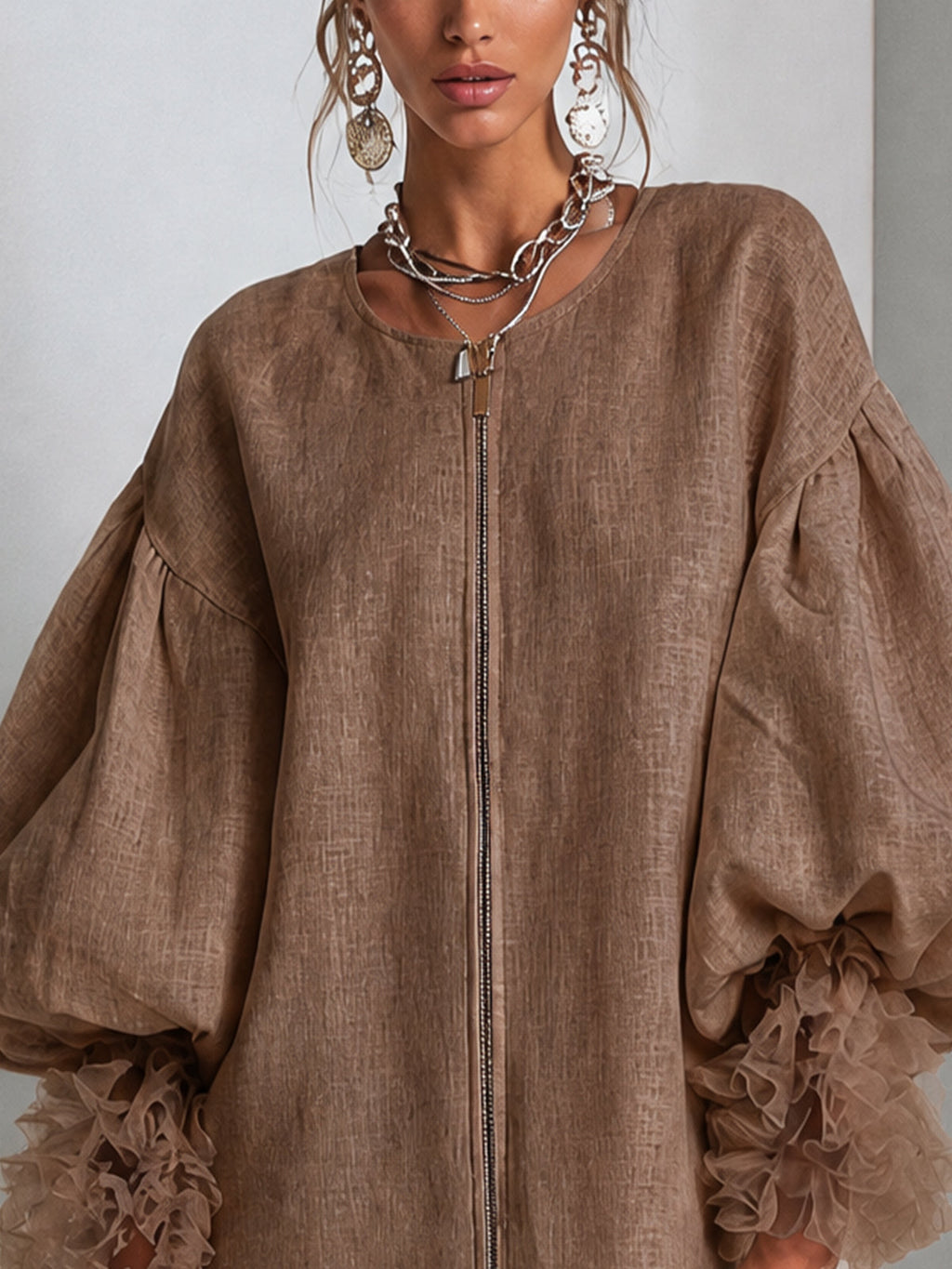 Brown Zip-Front Balloon Sleeve Mini Dress With Sheer Ruffle Cuffs