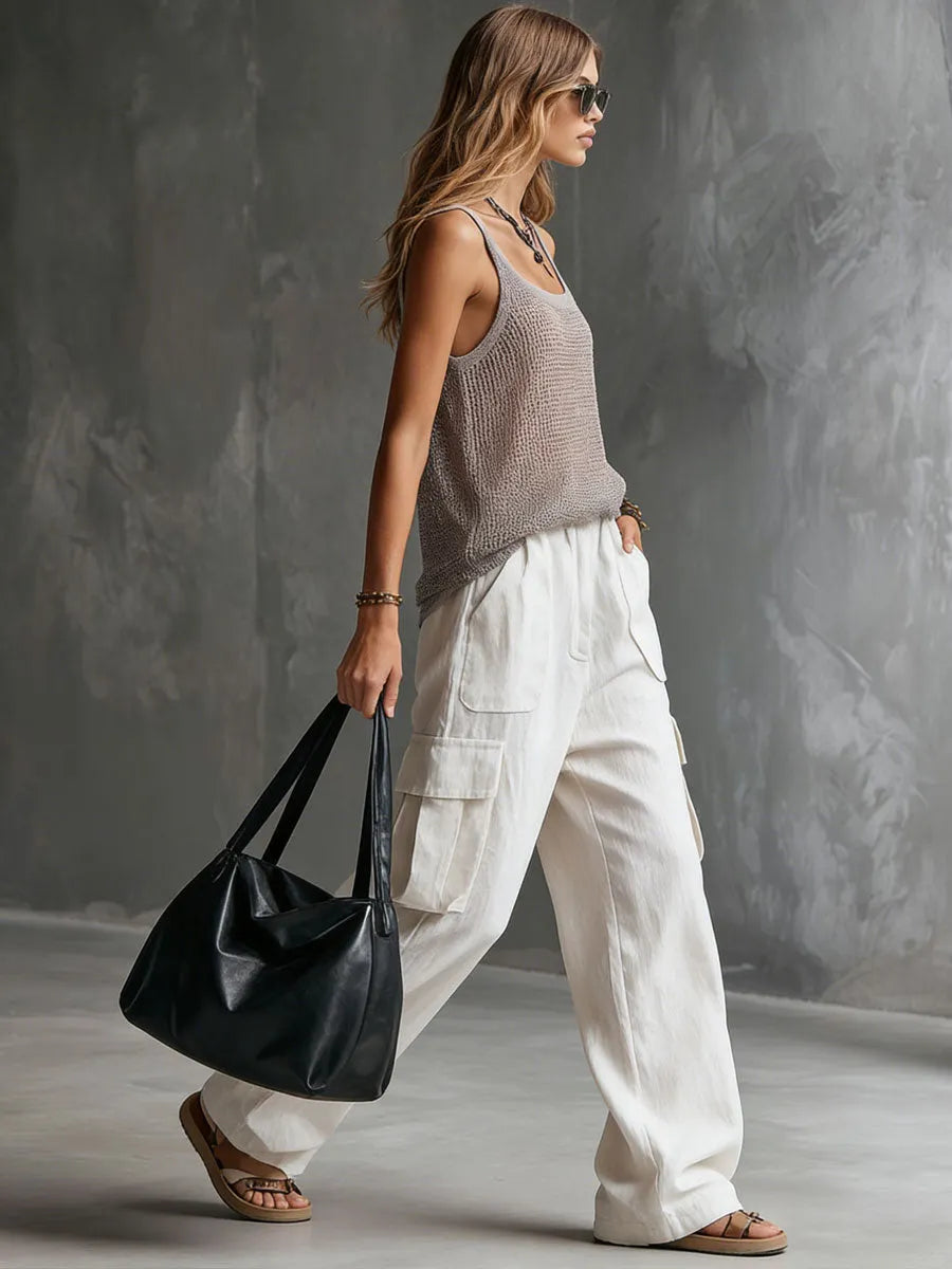 Casual Retro White Cotton And Linen Cargo Pants