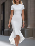 Short Sleeve Round Neck Mermaid Hem Structured Midi Dress