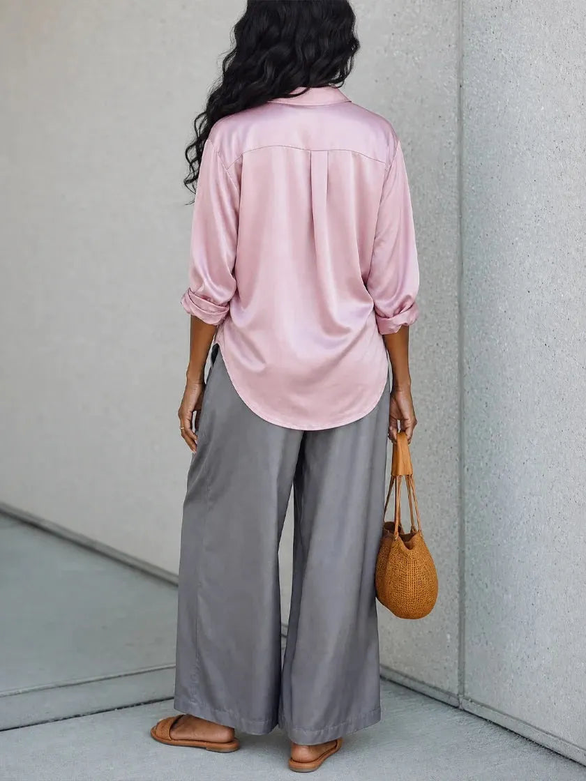Pink Satin Oversized Shirt & Grey High Waist Wide Leg Pants Two Piece Matching Set