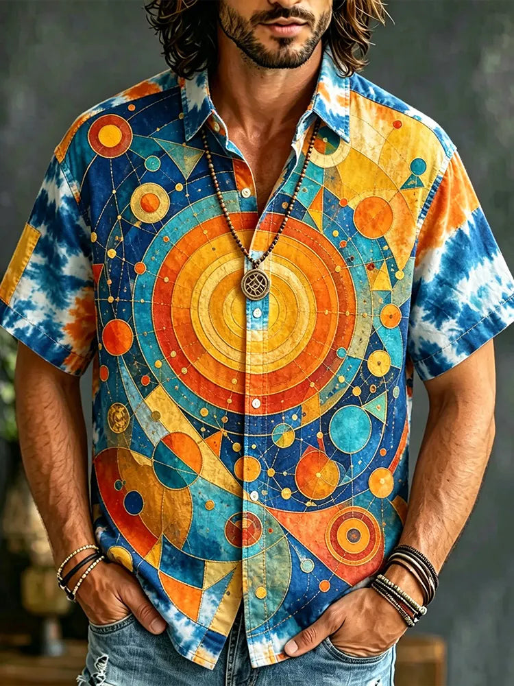 Men's Boho Celestial Print Tie Dye Shirt - Retro Cosmic Button Down Camp Collar