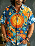 Men's Boho Celestial Print Tie Dye Shirt - Retro Cosmic Button Down Camp Collar