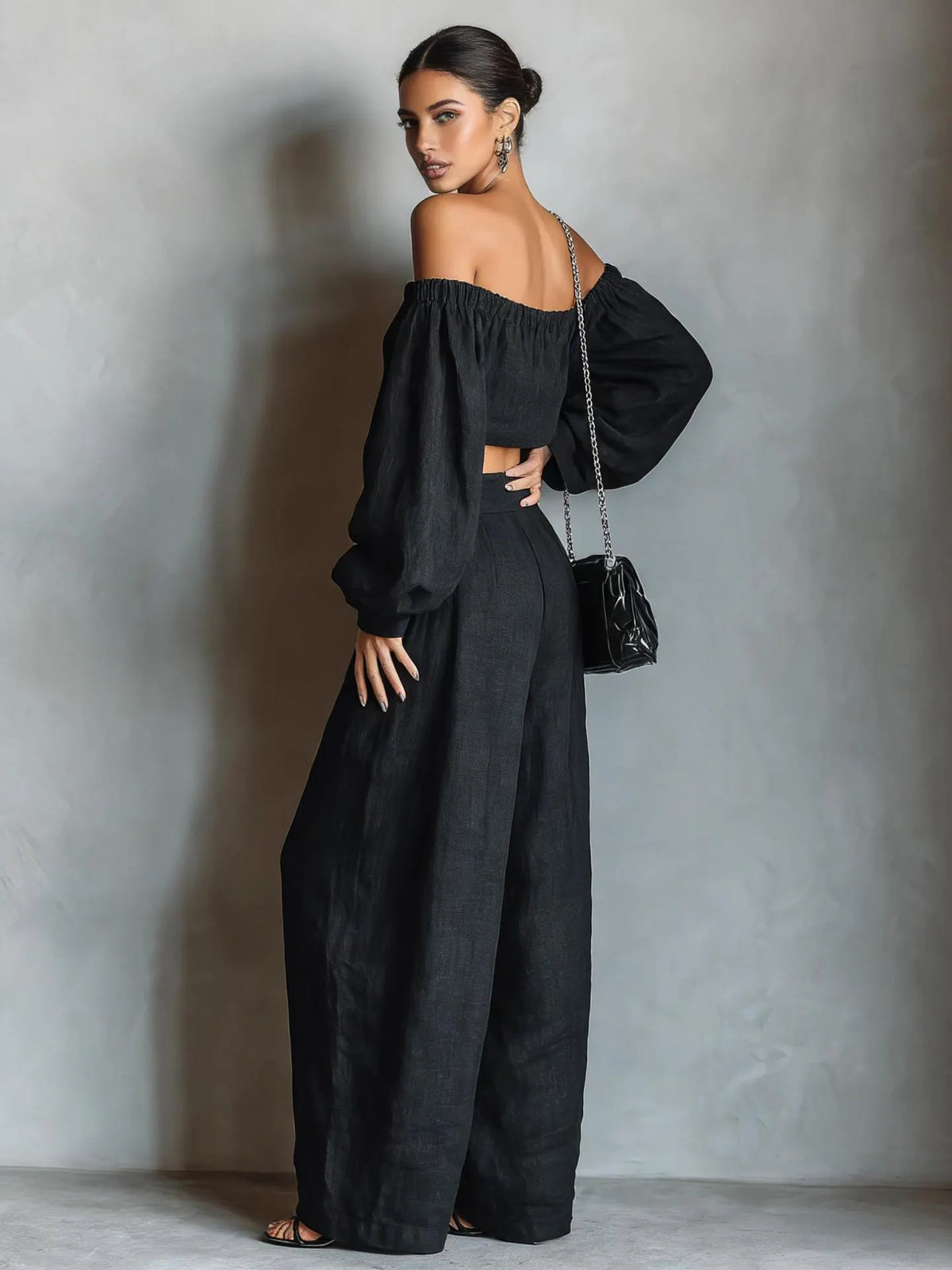 Gurtons Elegant Off-Shoulder Puff Sleeve Two-Piece Set - Flowy Wide Leg Pants Resort Wear