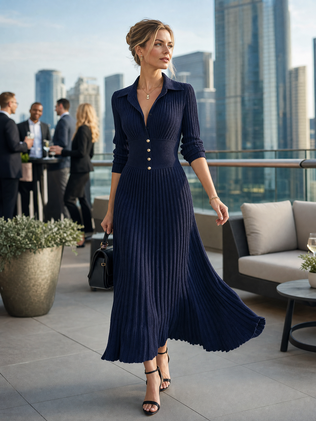Women's Elegant Button-Front Collared Pleated Knit Dress MDZ0607H5WY