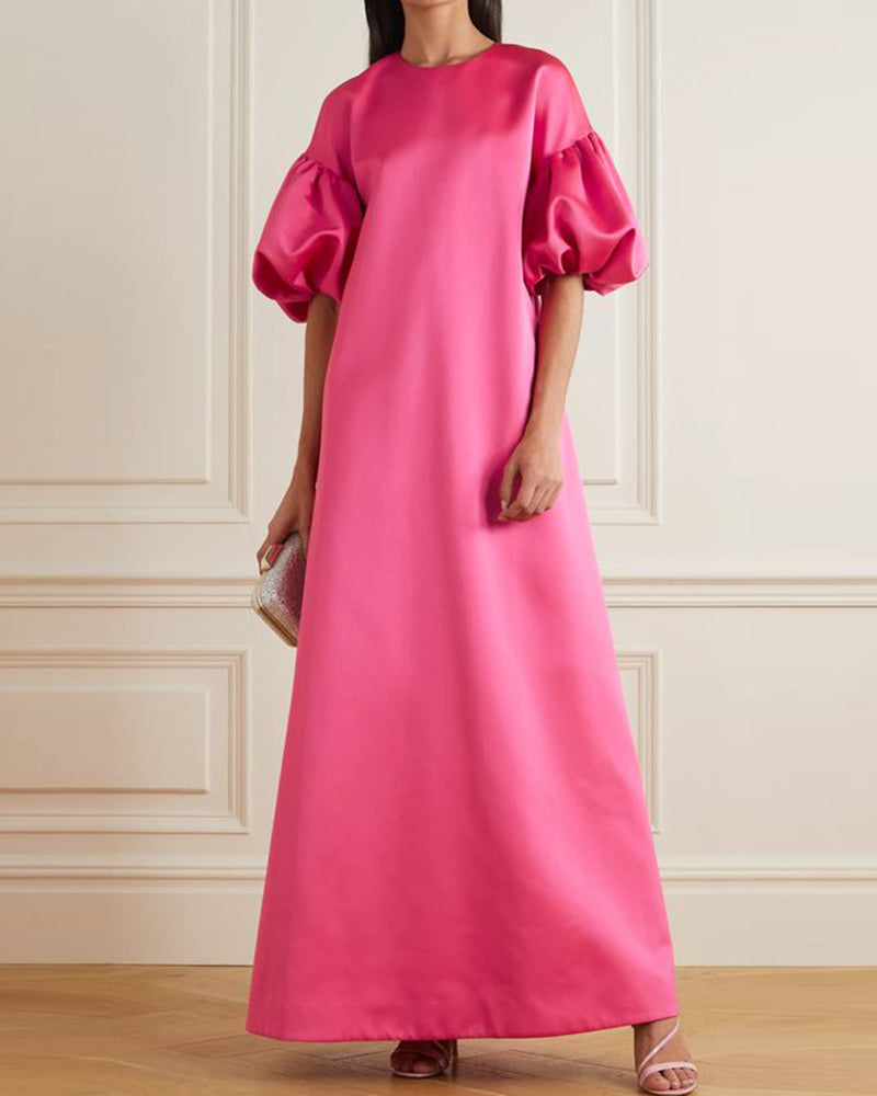 Satin round neck puff sleeve mid-sleeve oversize robe dress