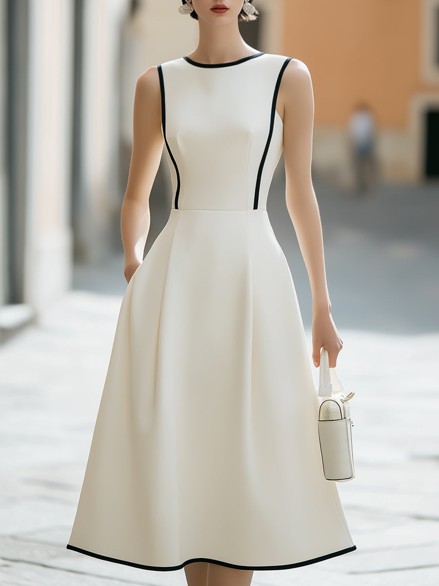 Contrast Piping Sleeveless Structured A-Line Midi Dress