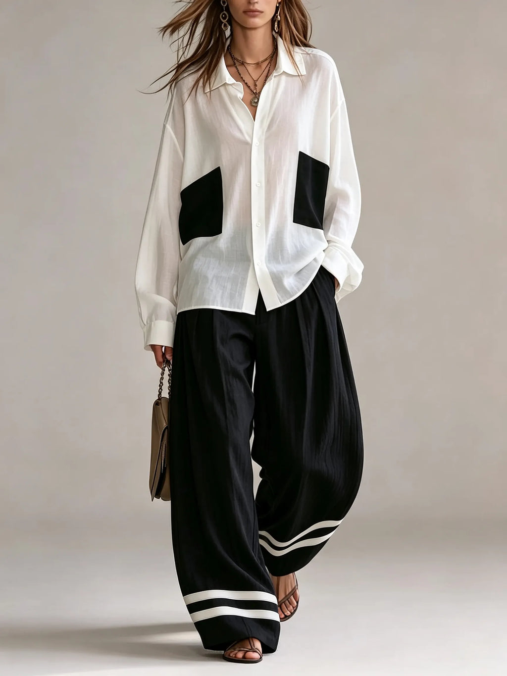 Black White Contrast Oversized Patch Pocket Shirt & High Waist Wide Leg Trousers With Stripe Hem Two‑Piece Outfit