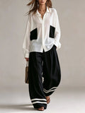 Black White Contrast Oversized Patch Pocket Shirt & High Waist Wide Leg Trousers With Stripe Hem Two‑Piece Outfit