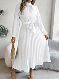 Women's Stand-up Collar Long-sleeved Lace Up Pleated Dress