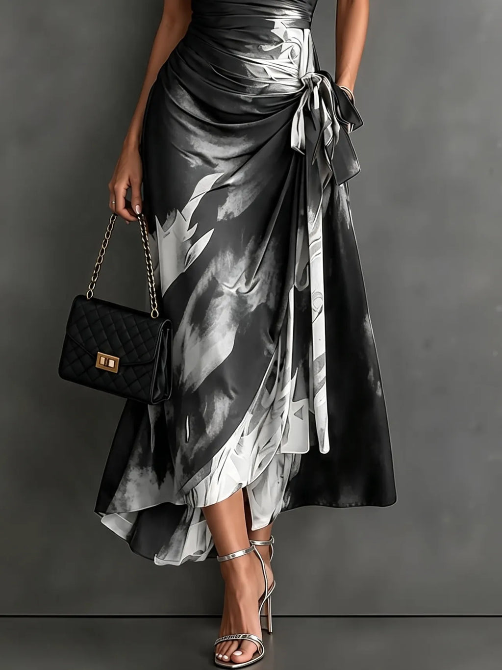 Red Black Abstract Print Wrap Midi Dress Collared V Neck Short Sleeve Tie Waist Ruffled High‑Low Hem Dress