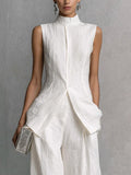 Elegant Linen Sleeveless Vest Stand Collar Asymmetrical Hem Office Wear