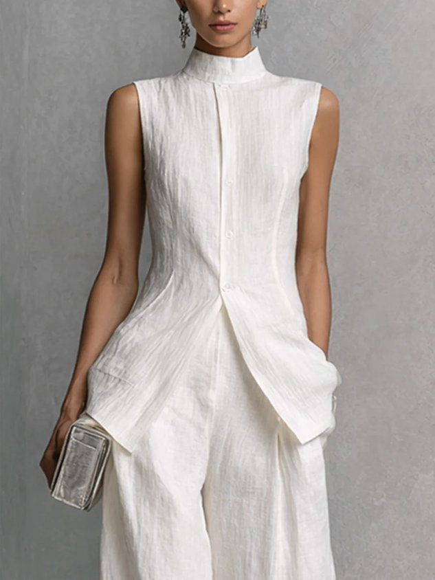 Elegant Linen Sleeveless Vest Stand Collar Asymmetrical Hem Office Wear