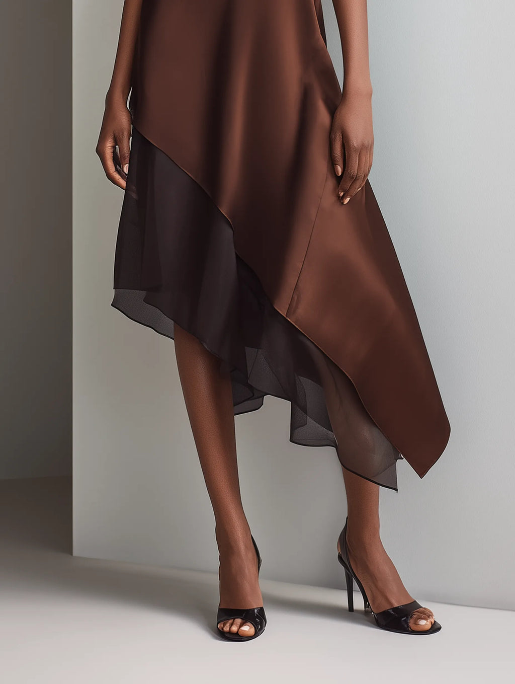 Women's Minimalist Faux Acetate & Chiffon Paneled Midi Dress — Sleeveless, Crew Neck, Asymmetrical Hem MDZ2580D3Y