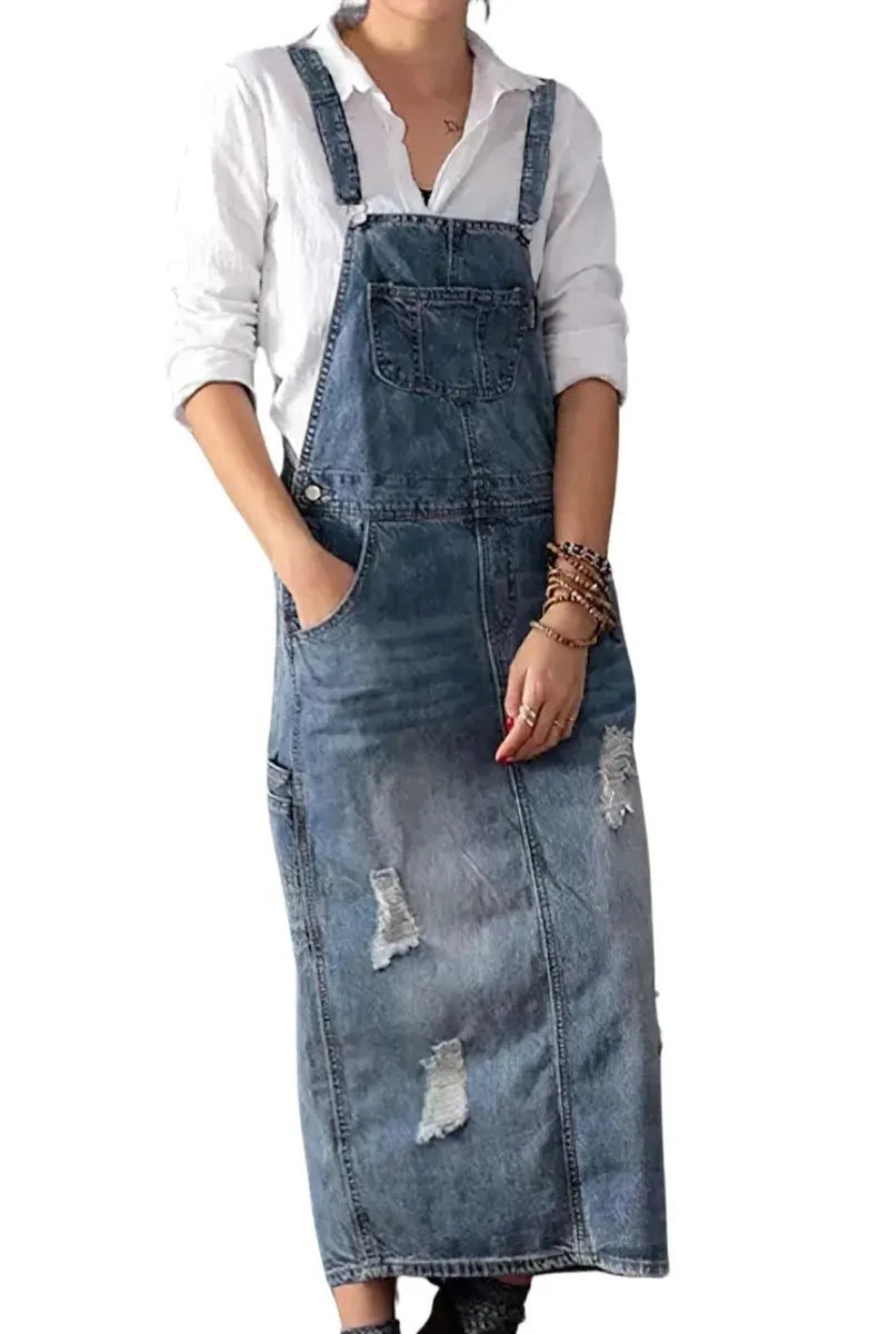 Women's Adjustable Strap Distressed Denim Overall Dress A-Line Pinafore Jean Dress with Split