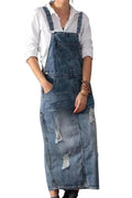 Women's Adjustable Strap Distressed Denim Overall Dress A-Line Pinafore Jean Dress with Split