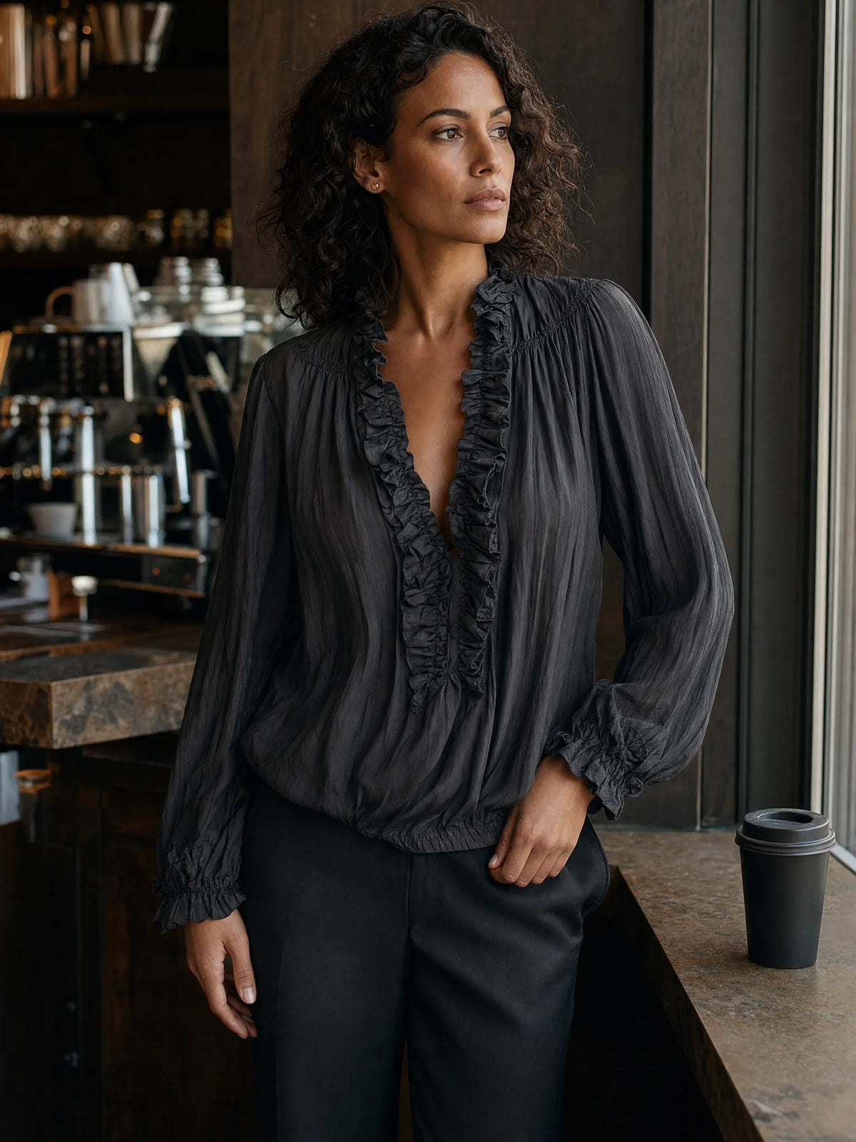 Sheer Ruffle V-Neck Bohemian Blouse