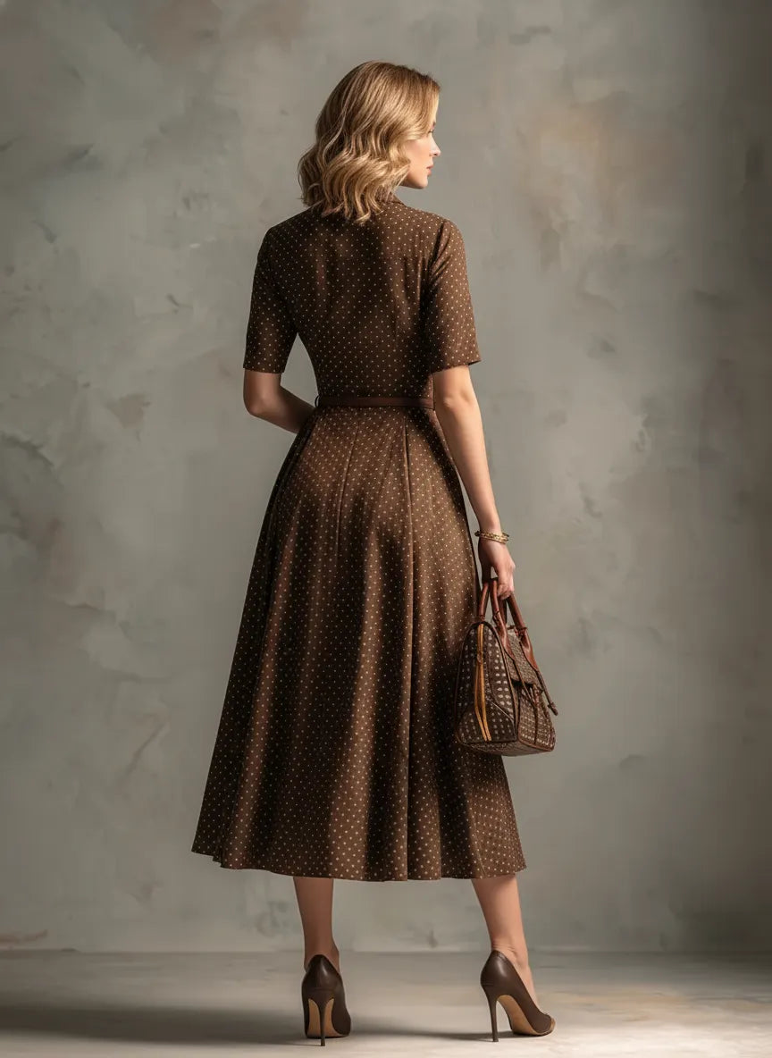 Women's Vintage Brown Cotton-Blend Polka Dot Waisted Shirt Midi Dress MDZ2138D3GMJ
