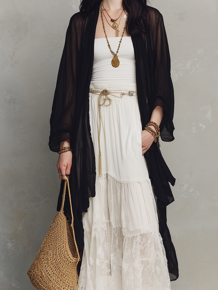 Black Sheer Duster & Ivory Lace Tiered  ¨C Modern Bohemian Elegance Maxi Skirt