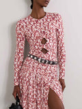 Exquisite Pleated Openwork Floral Print Stretch Knit T-shirt