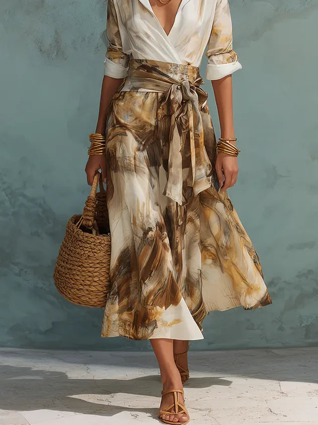 Casual Random Print Midi Skirt With Belt
