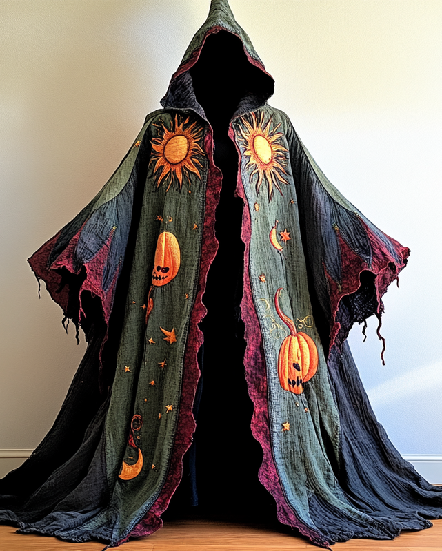 Halloween themed star and moon, pumpkin head three-dimensional embroidered contrasting color stitching cape 9174