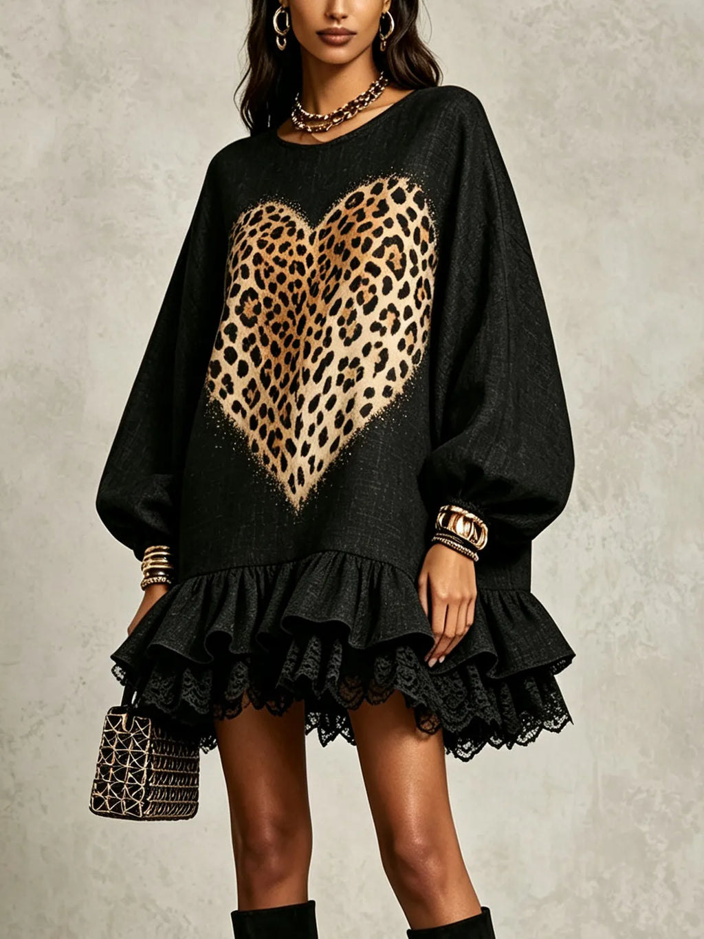 Black Leopard Heart Lace Trim Mini Dress