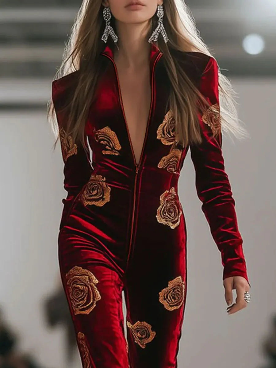 Casual Loose Retro Red Velvet Gold Rose Printed Zipper Long Sleeve Jumpsuit
