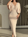 Paneled Shiny Long Sleeves V-neck Maxi Dresses