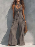 Halter-Neck Lace-Paneled Cotton-Linen Jumpsuit