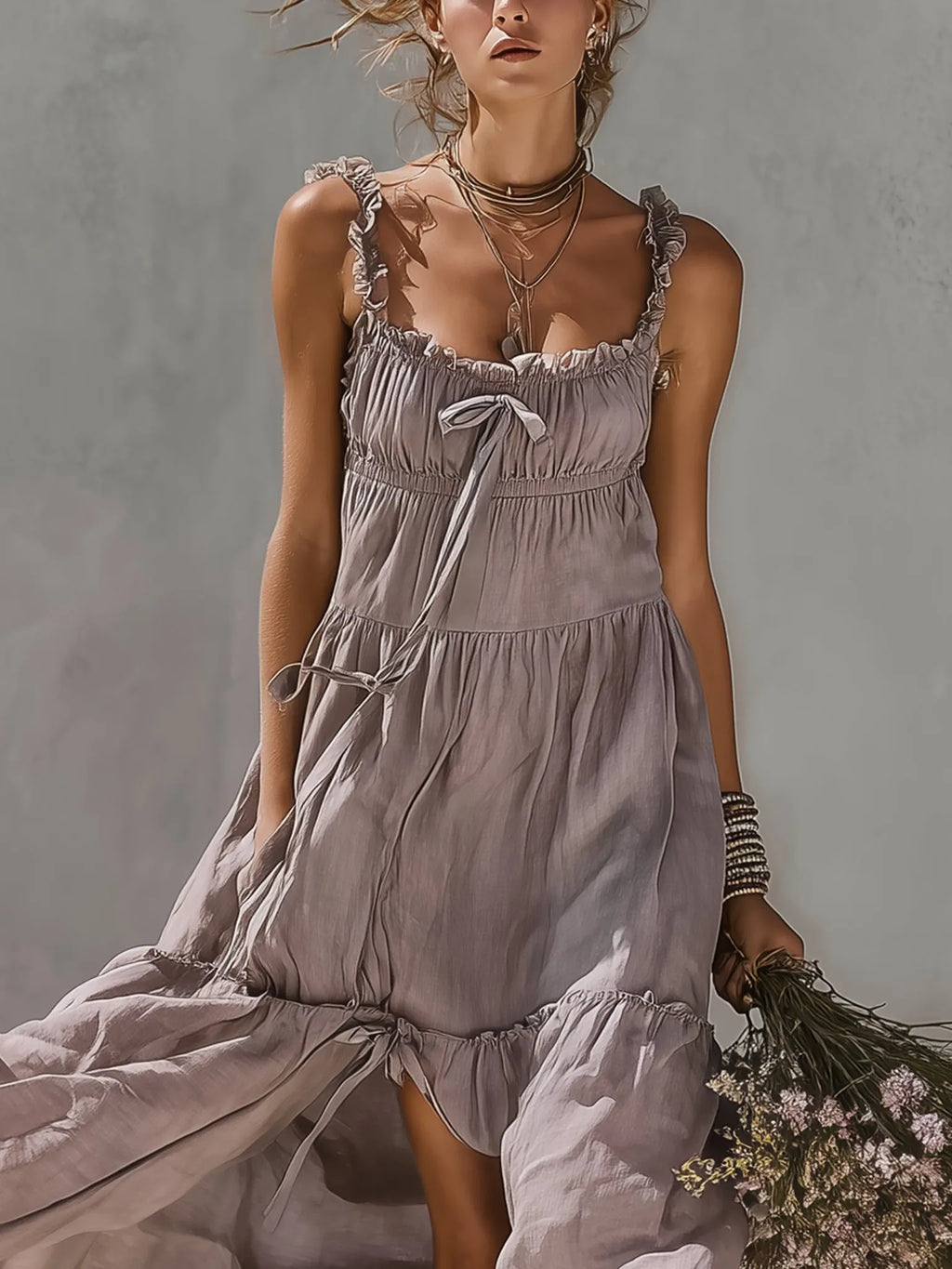 Purple Lace Trimmed Linen Maxi Dress