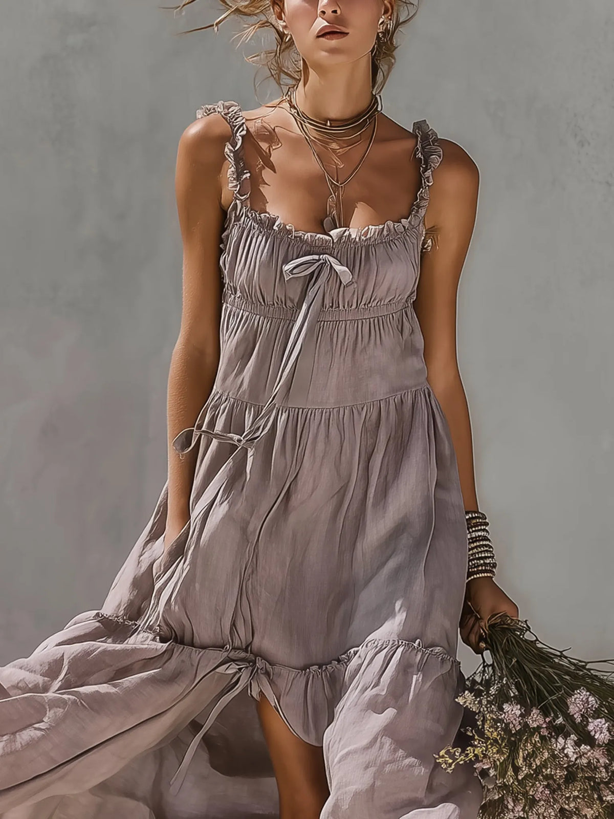 Purple Lace Trimmed Linen Maxi Dress
