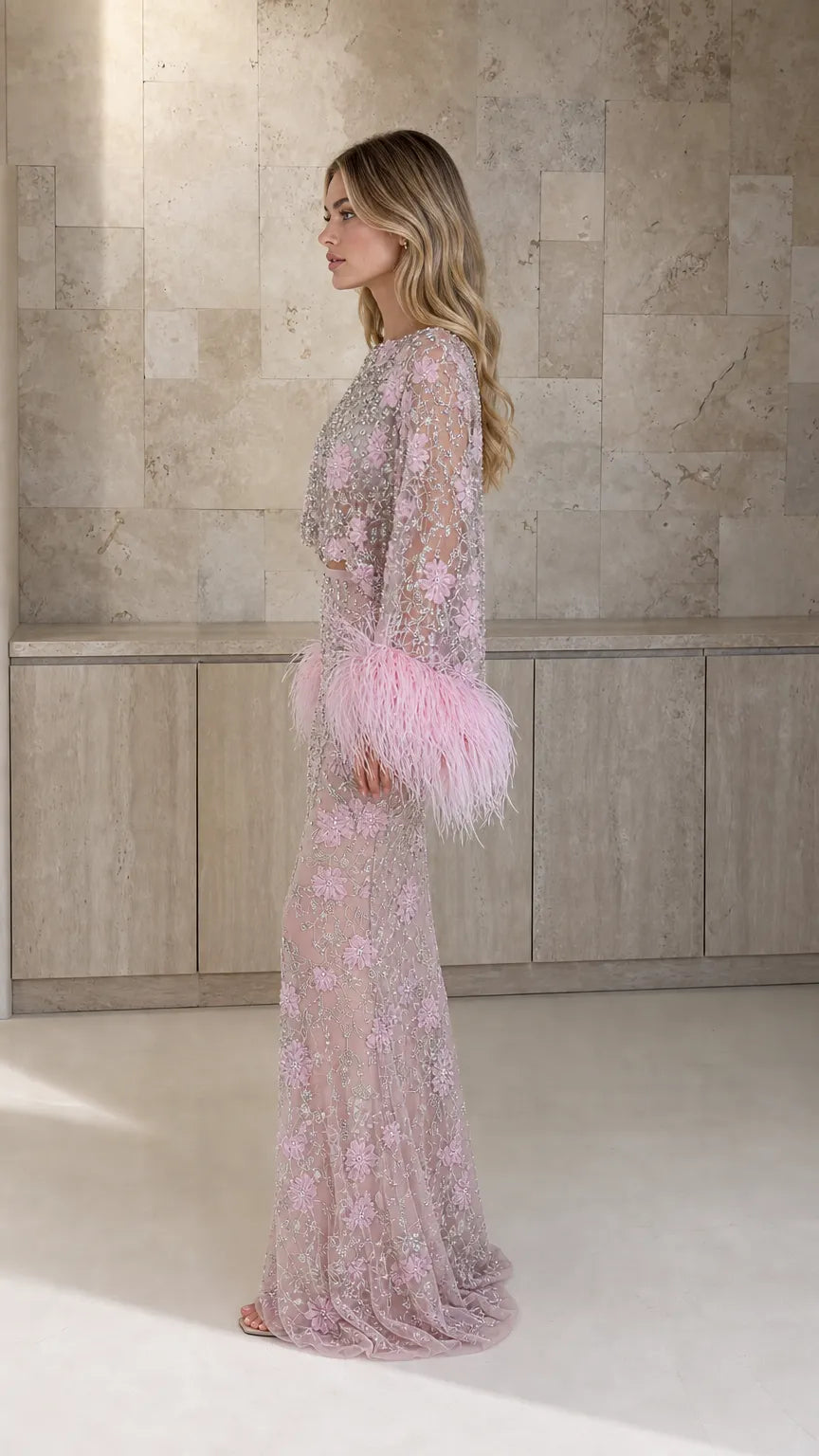 Embellished Two-Piece Feather Trim Crop Top and Maxi Skirt Set