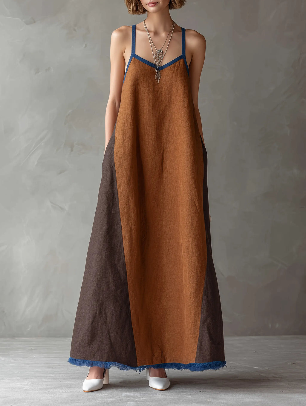 Women's Minimalist Linen-Blend Color-Block Maxi Dress With Spaghetti Straps And Raw Hem MDZ2310F1WY