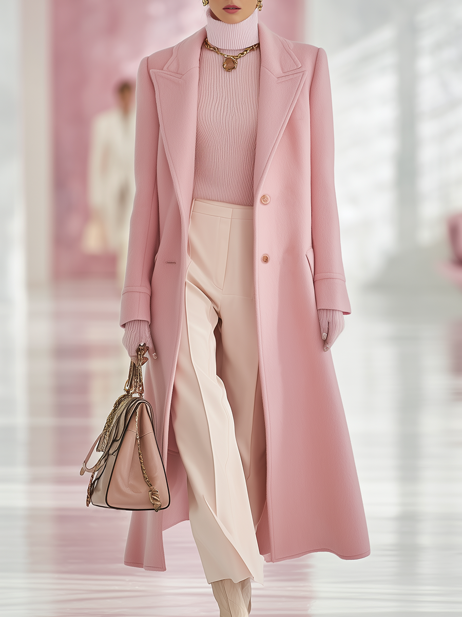 Elegant Classic Lapel Single-breasted Long Woolen Coat